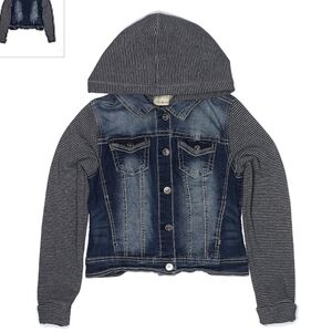 Wallflower Dark Wash Blue Jean Denim Jacket Faux Fur In Hood & Arms Juniors M